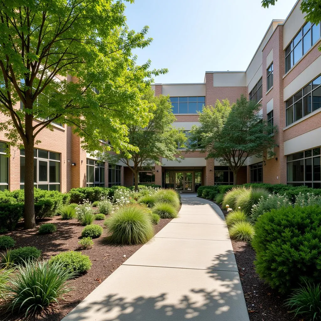 A peaceful courtyard garden within the hospital grounds.