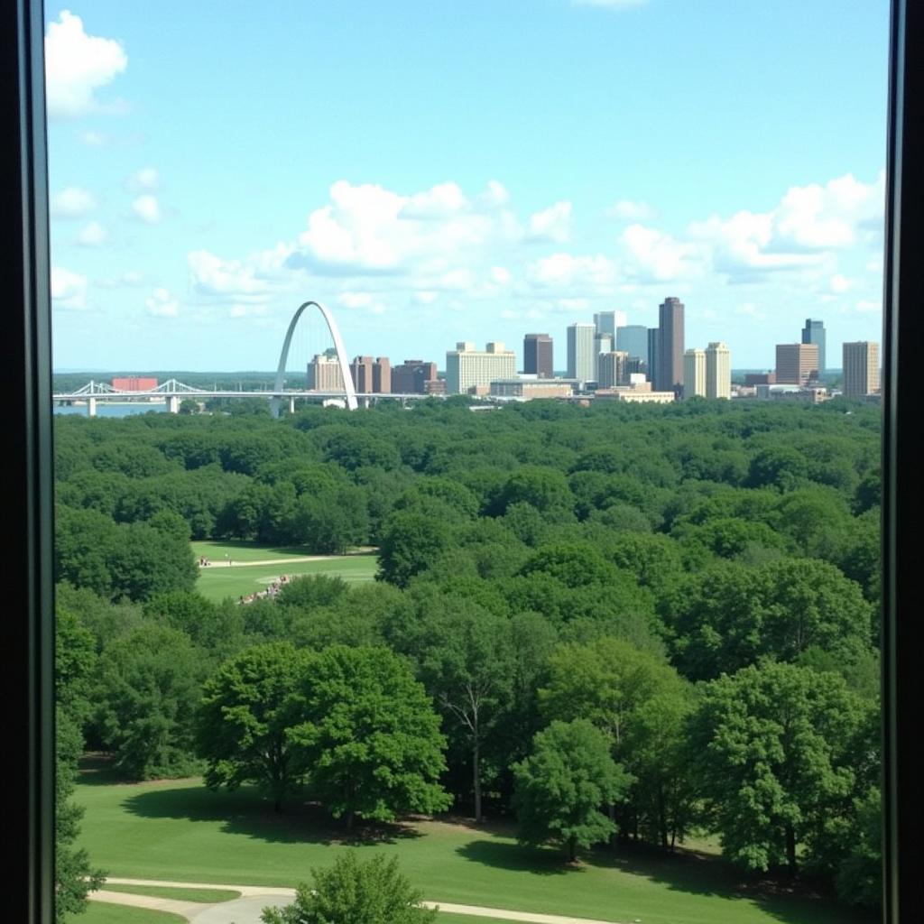 Gateway Arch and Forest Park attractions visible from a hotel room near Barnes Jewish Hospital.