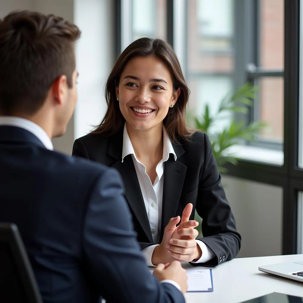 Job candidate confidently answering questions in a state hospital interview