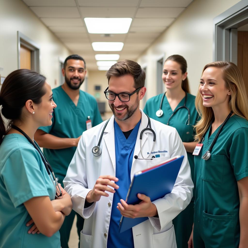 Diverse team of healthcare professionals collaborating in a Pueblo state hospital