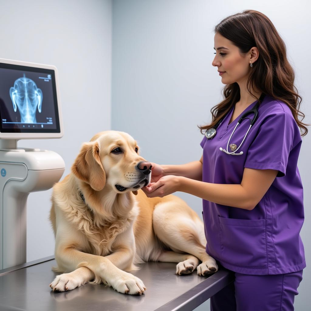 Veterinary technician operating diagnostic equipment