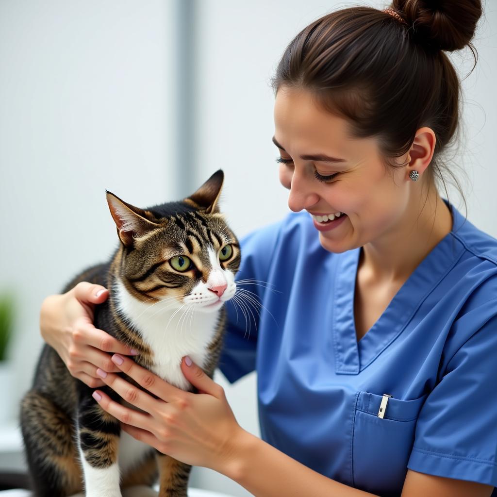 Caring Stroud Vet Technician Comforting a Cat