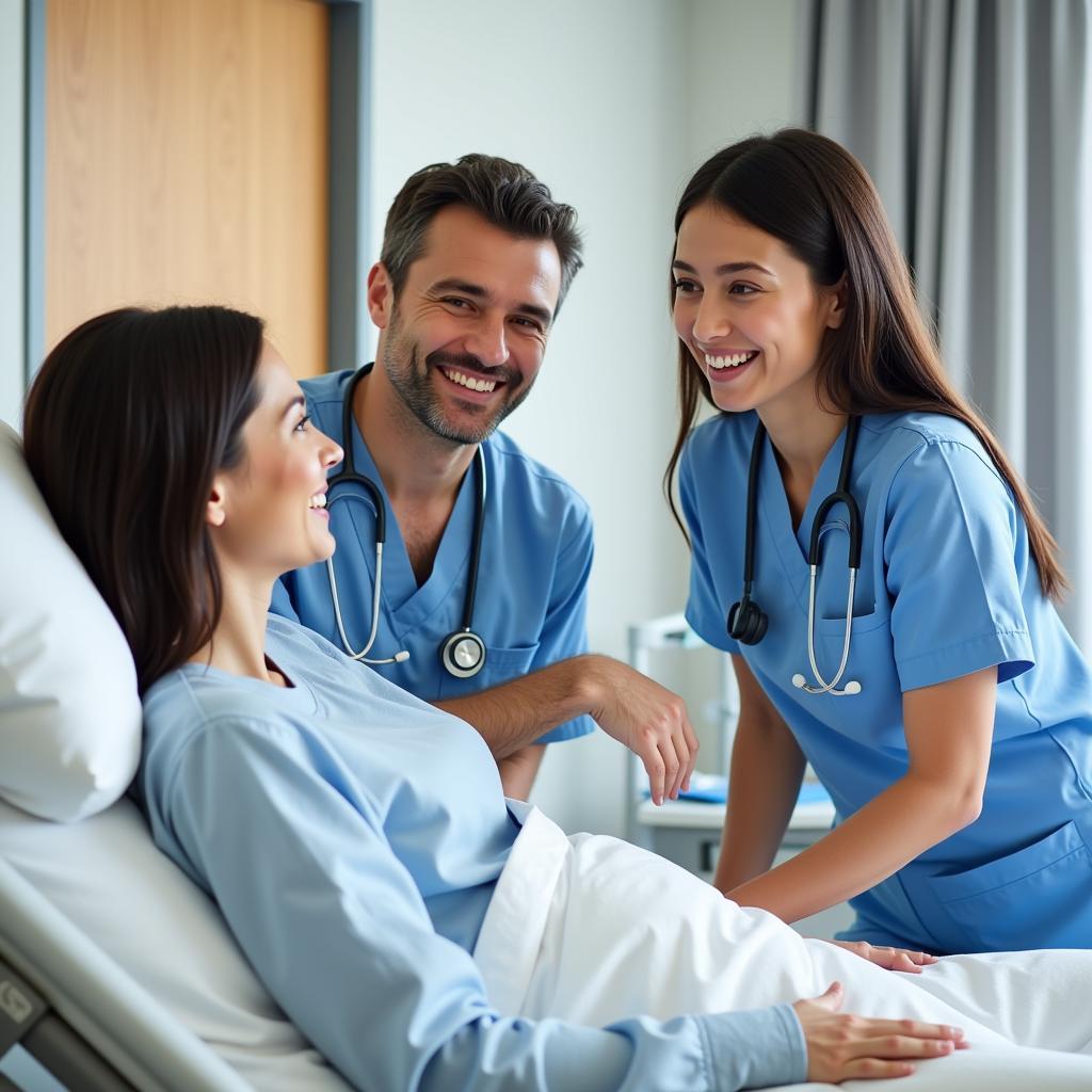 Two healthcare professionals smiling and talking to a patient in a hospital bed