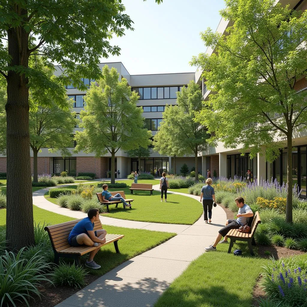 A serene garden at Sunrise Canyon Hospital with patients relaxing