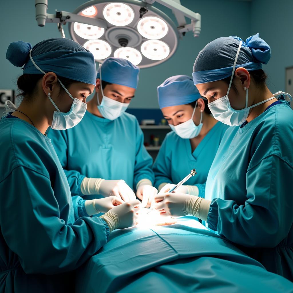 Surgical team performing surgery in a brightly lit operating room