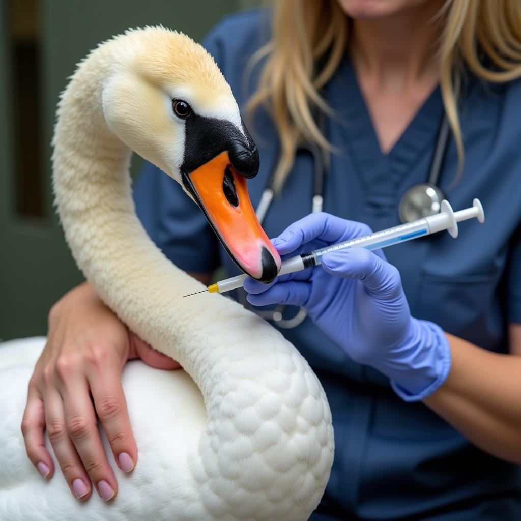 A swan receiving medication at a veterinary clinic