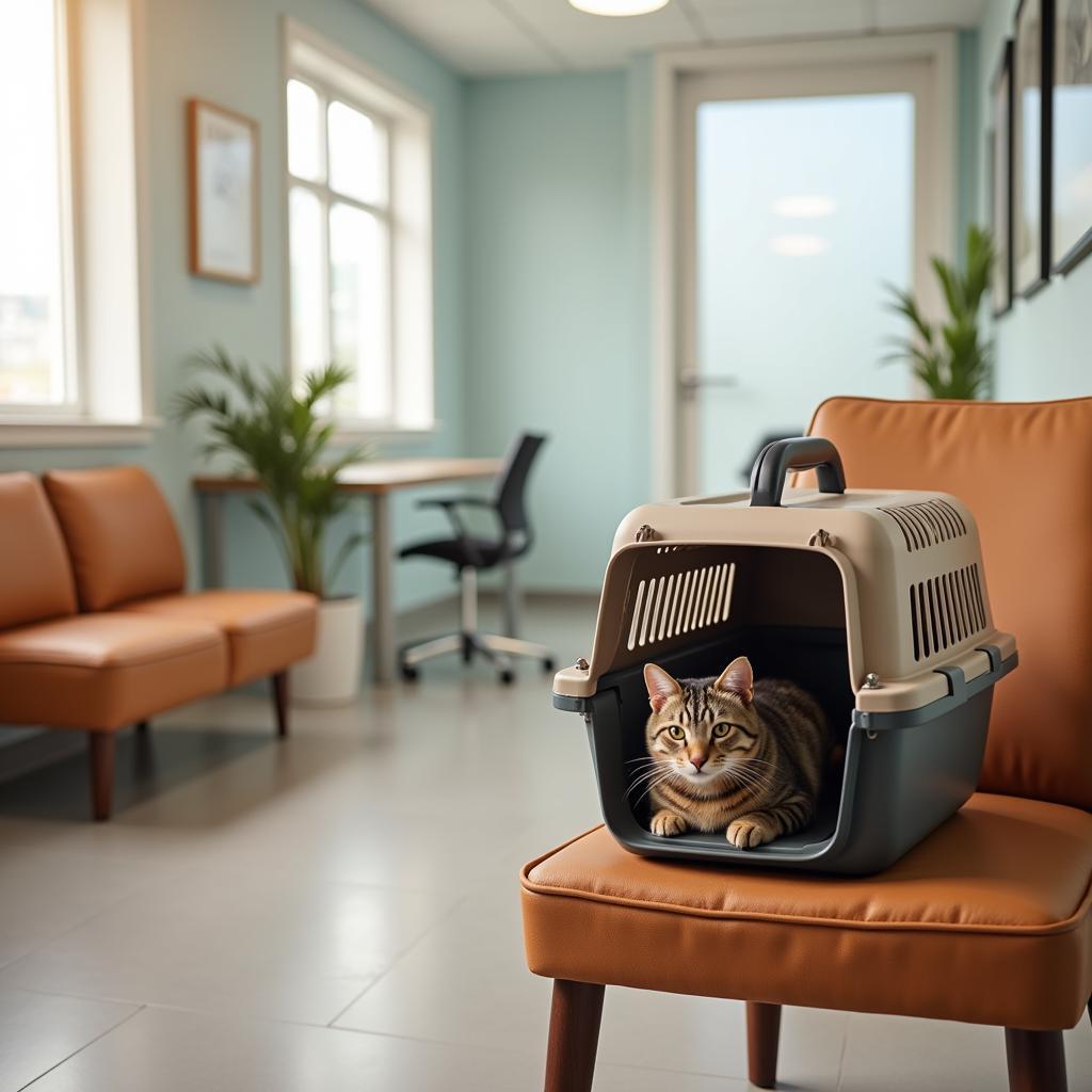 Cat comfortably resting in a carrier inside the clinic waiting area