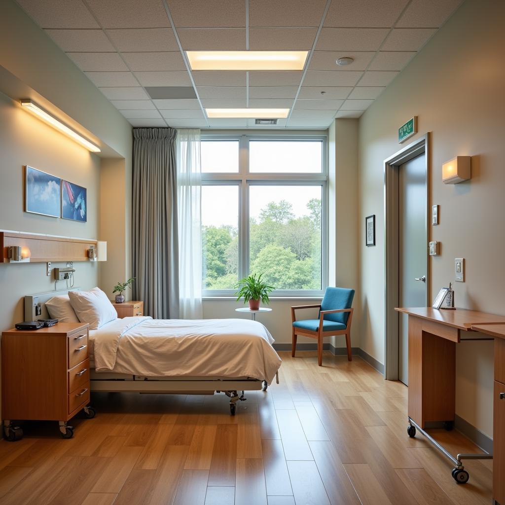 Bright and welcoming private patient room with comfortable furnishings and a view.