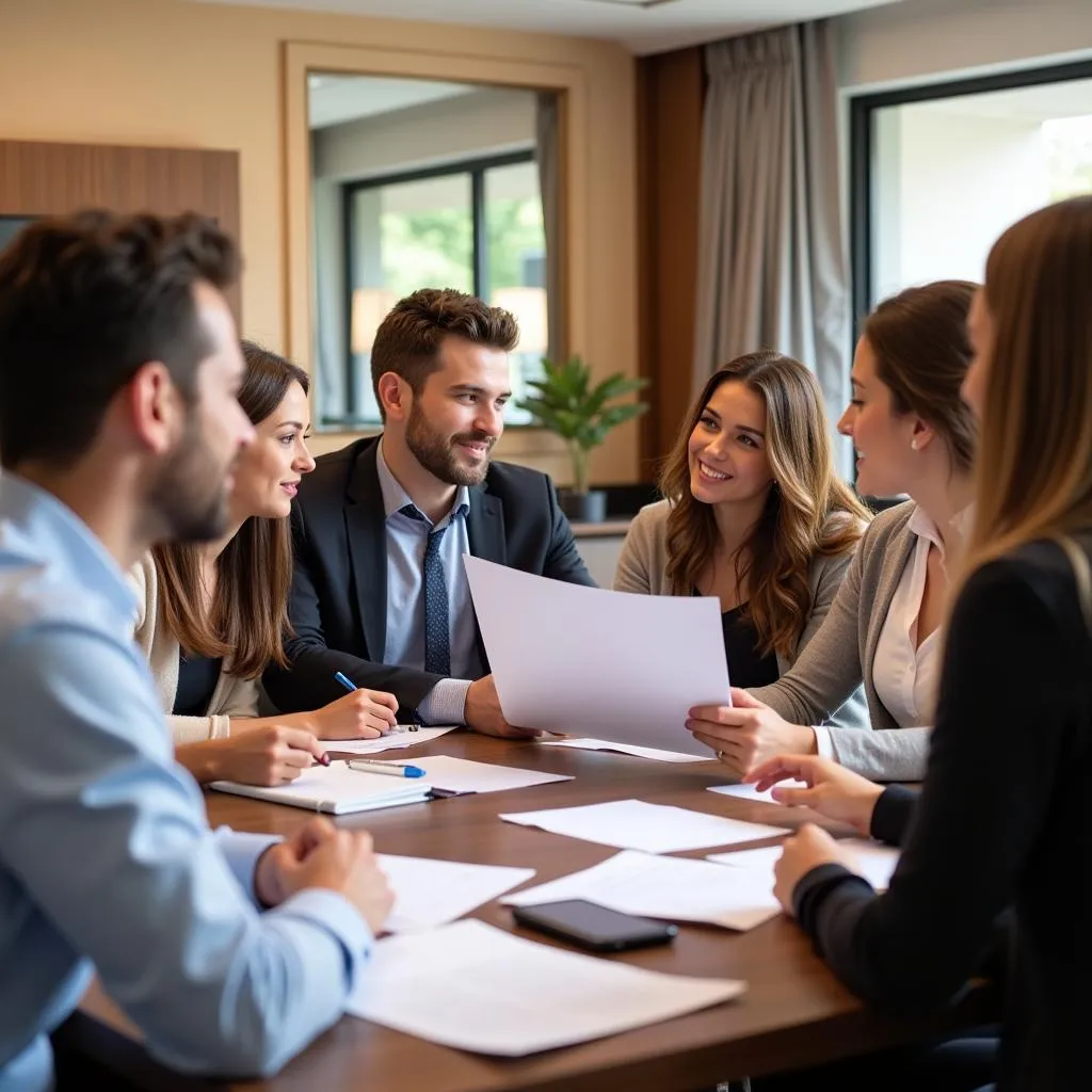 Hotel staff gathered around a table reviewing guest feedback forms.