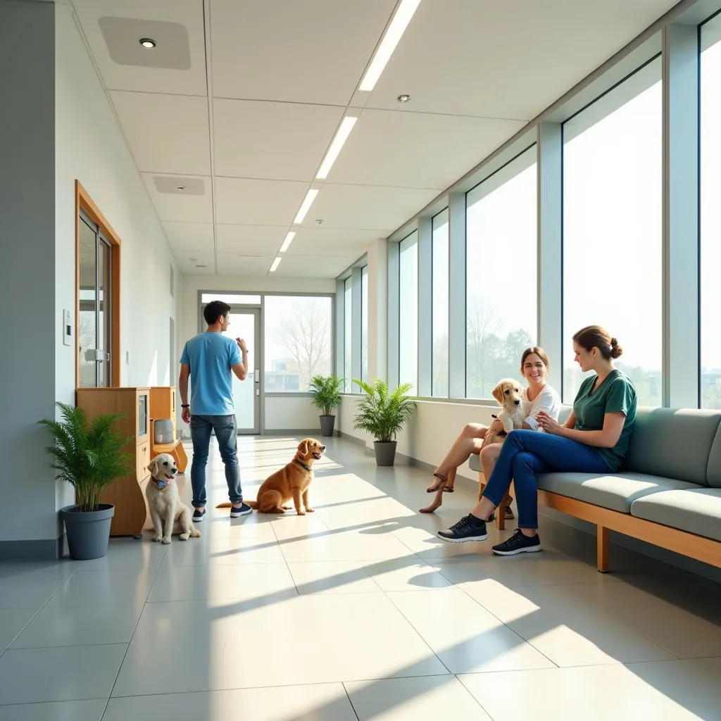 Pet owners and their pets comfortably seated in a bright and modern waiting area