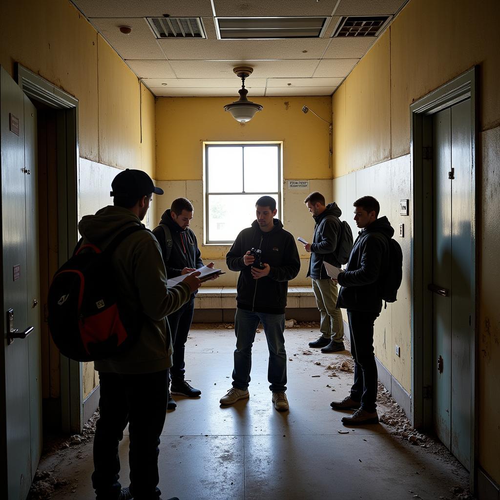 A group of urban explorers carefully documenting the interior of an abandoned hospital in Arizona, demonstrating responsible exploration