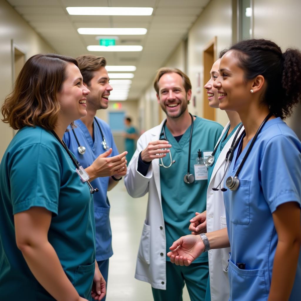 Group of smiling doctors and nurses in hospital hallway