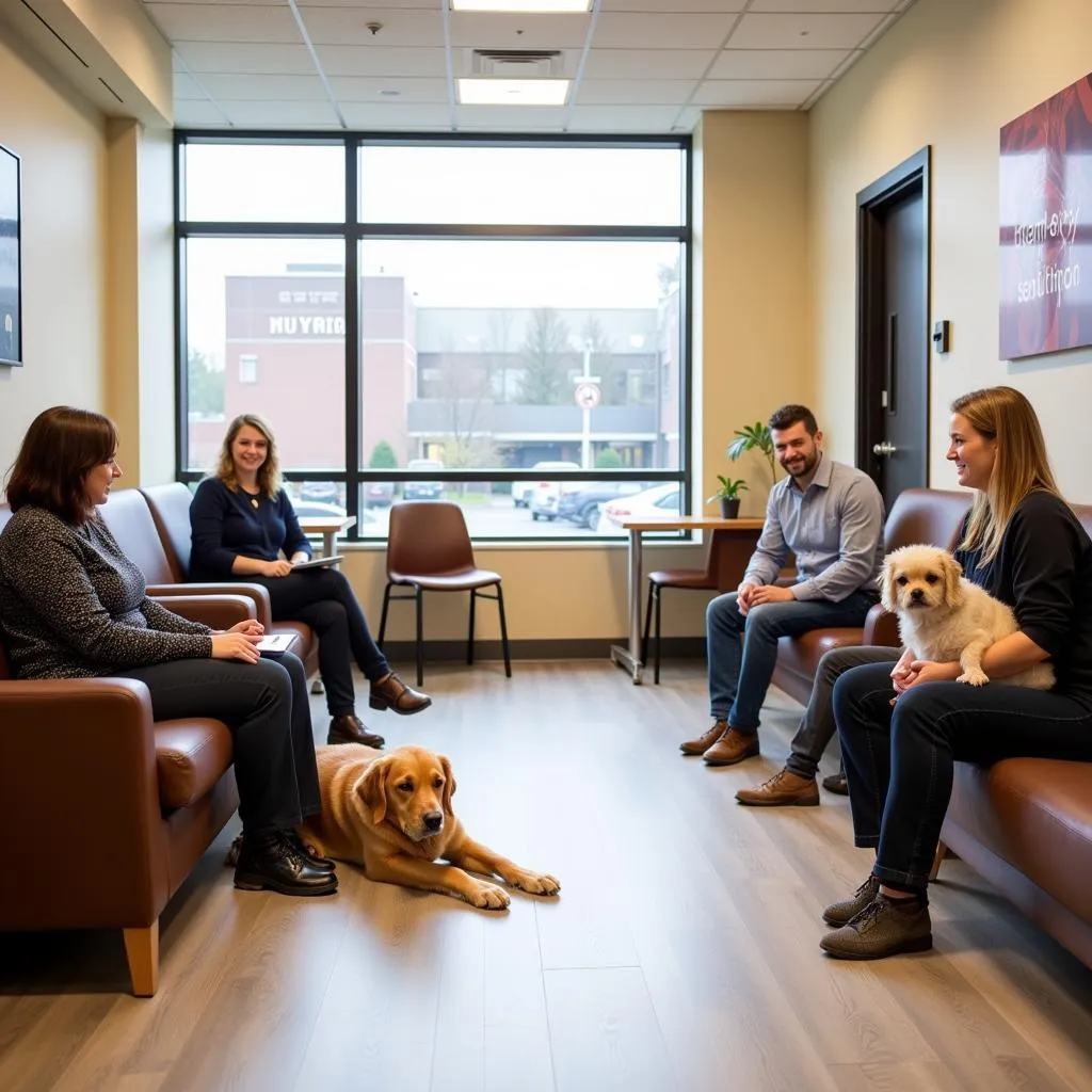 Spacious waiting area at VCA Boston Road Animal Hospital with pet owners and their furry companions