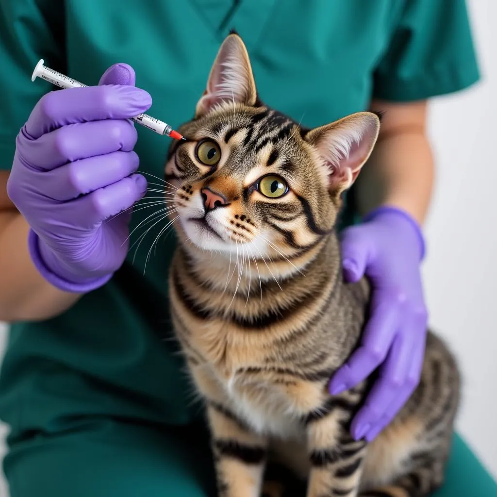 Veterinarian administering a vaccine to a cat