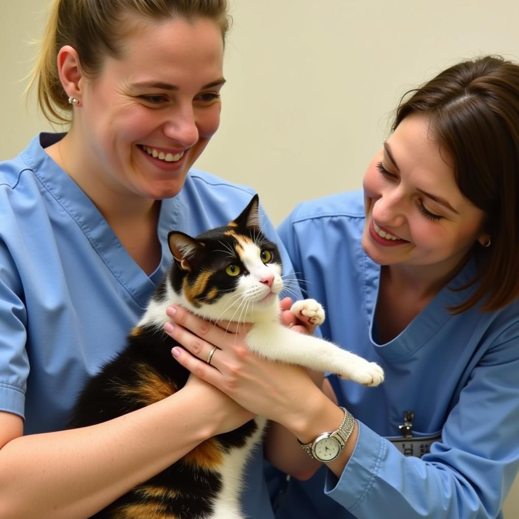 Veterinarian and nurse comforting a cat during a checkup