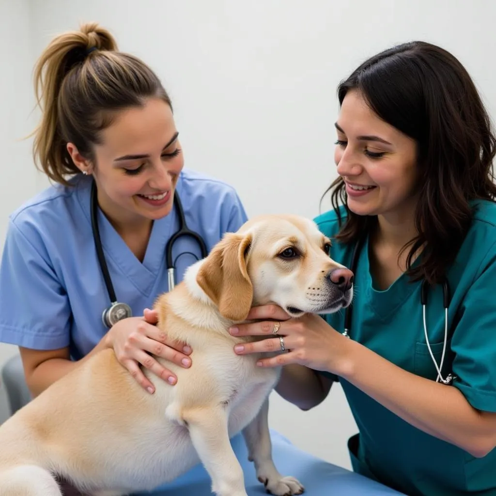  Veterinarian and Nurse Comforting Dog