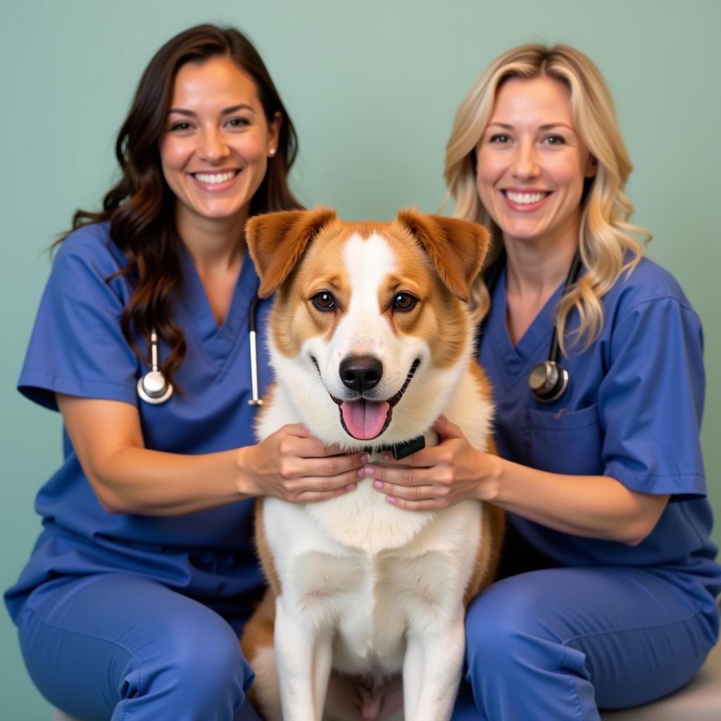 Veterinarian and Nurse Smiling With Dog