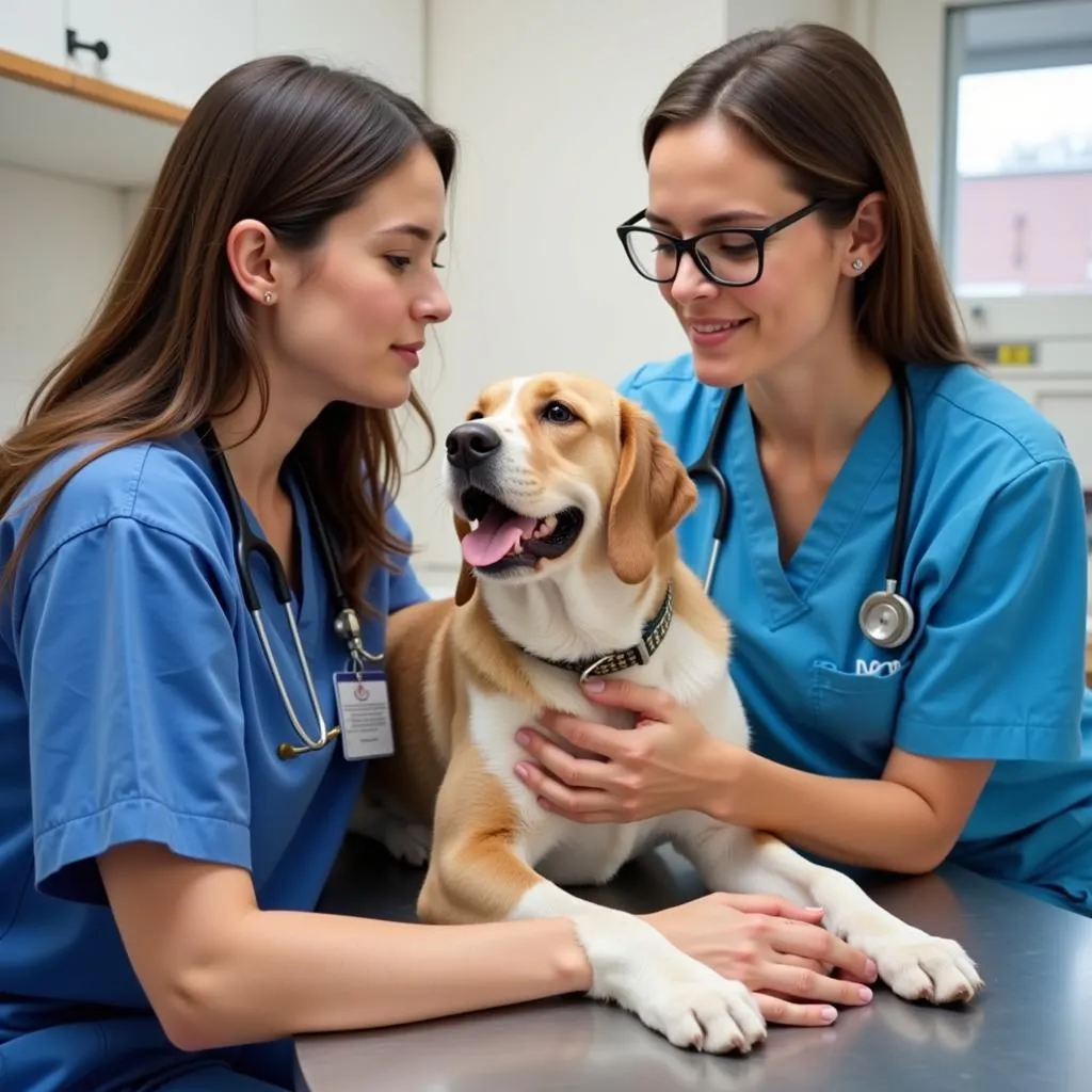 Veterinarian and vet nurse smiling while comforting a dog during an examination in Tooele