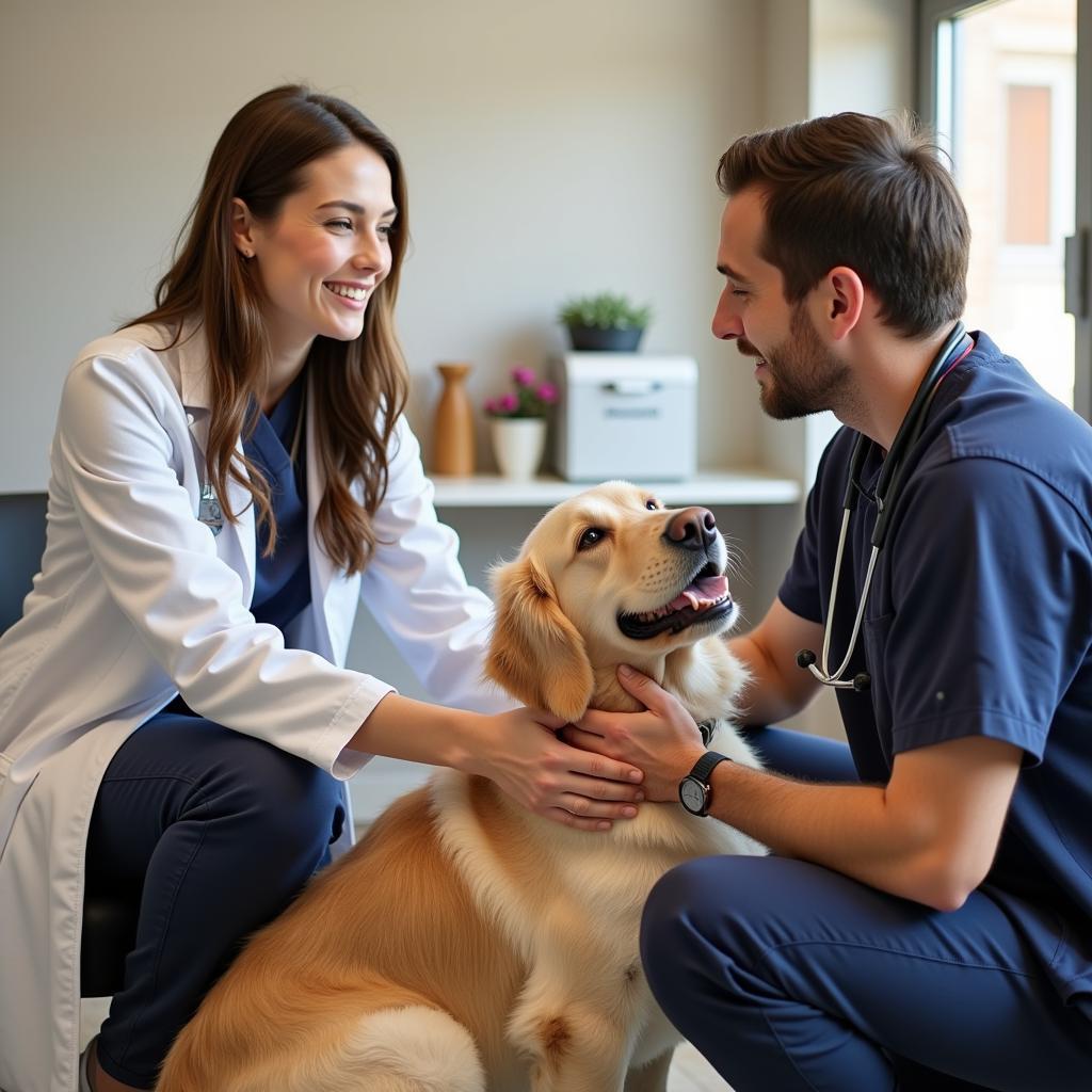 Veterinarian discussing a dog's health with its owner in Annandale