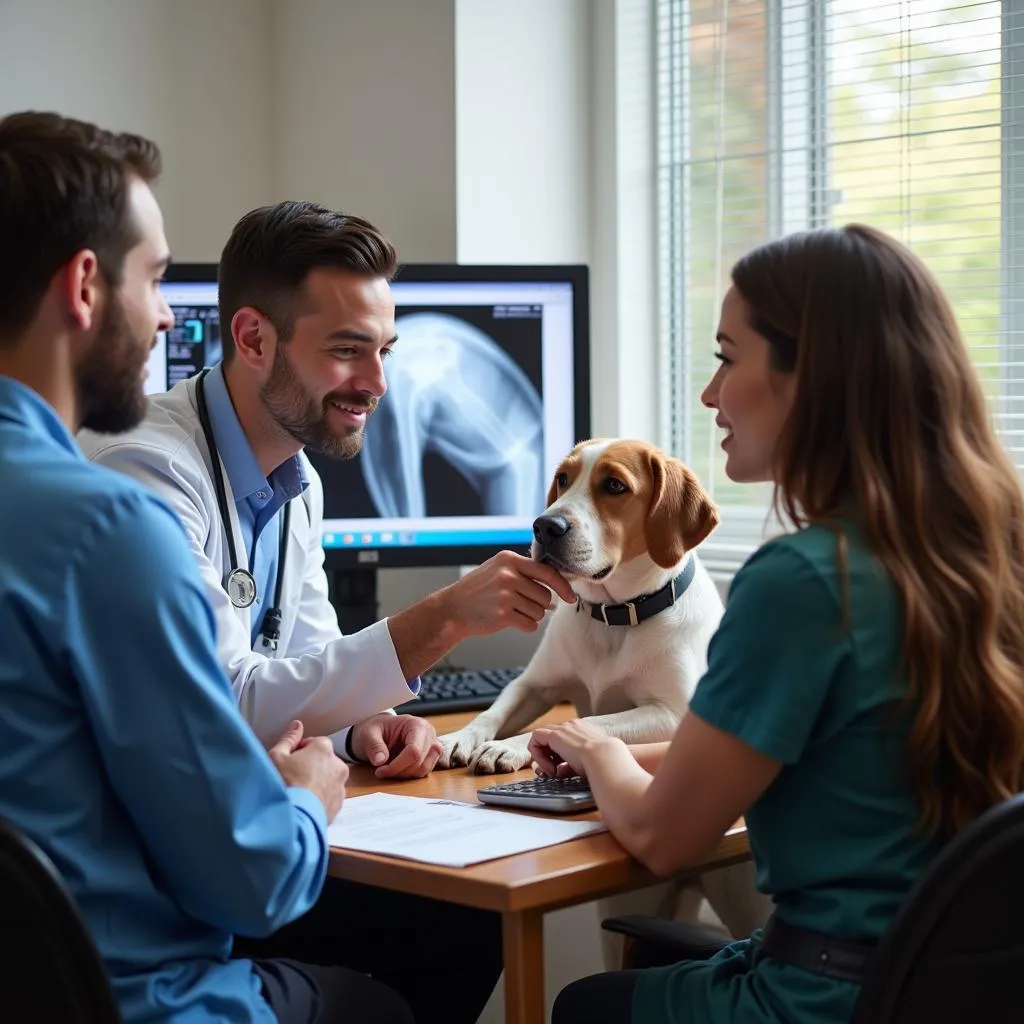 Veterinarian and pet owner discussing treatment options in a consultation room.