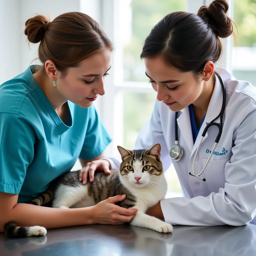 Veterinarian and technician comforting a cat