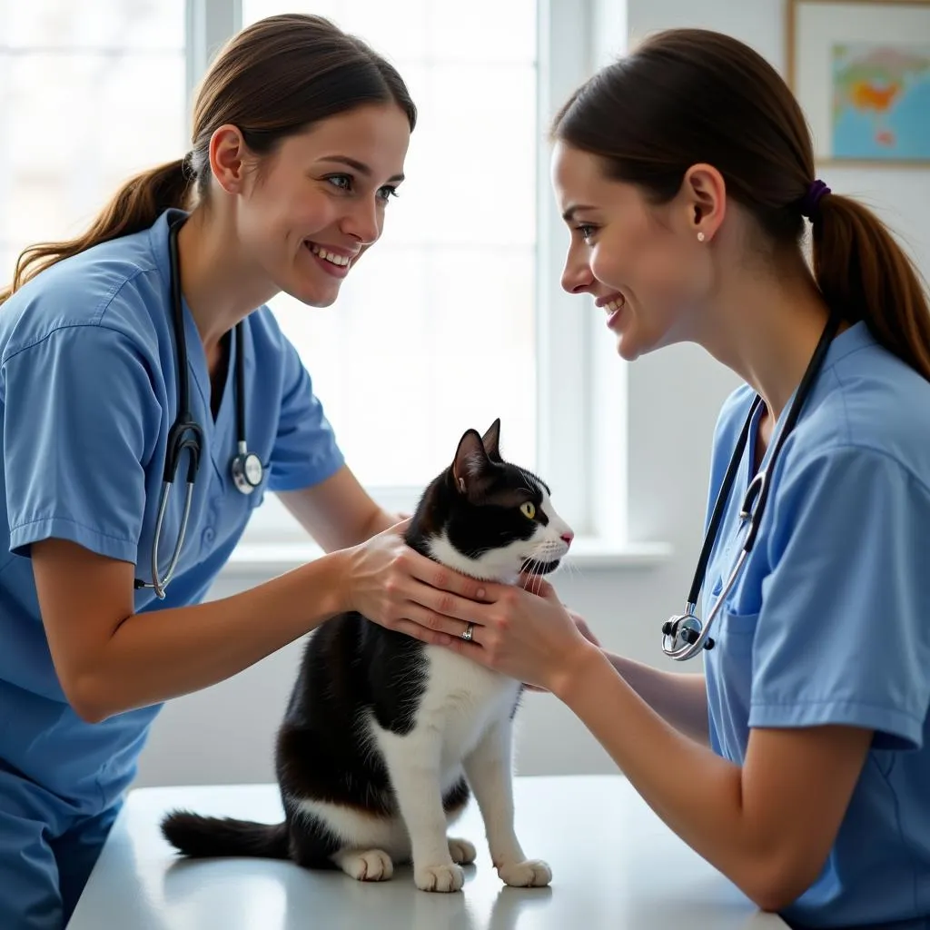  Veterinarian and Veterinary Technician Comforting Cat 