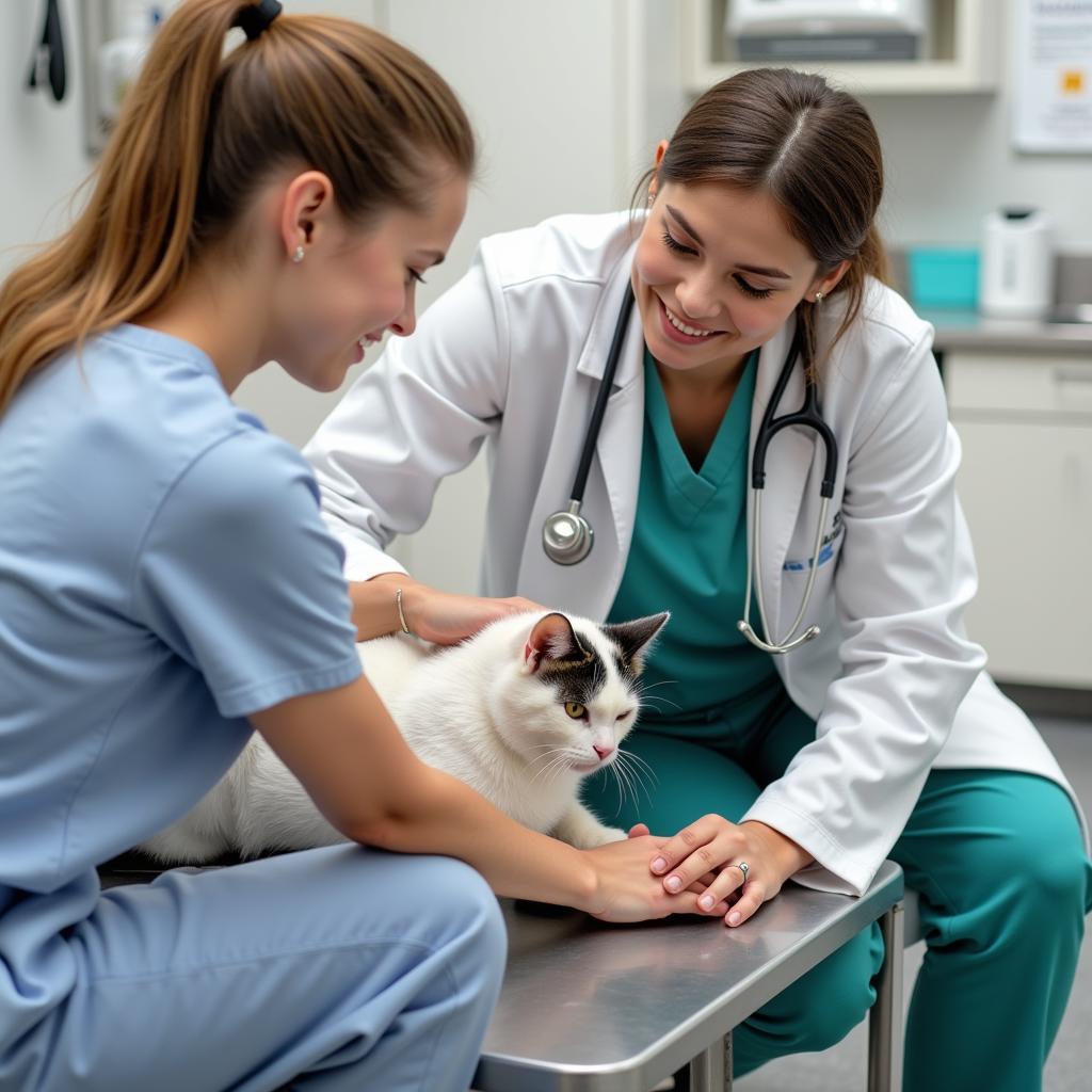 A veterinarian gently comforting a cat during a visit to the Tempe Lake animal hospital