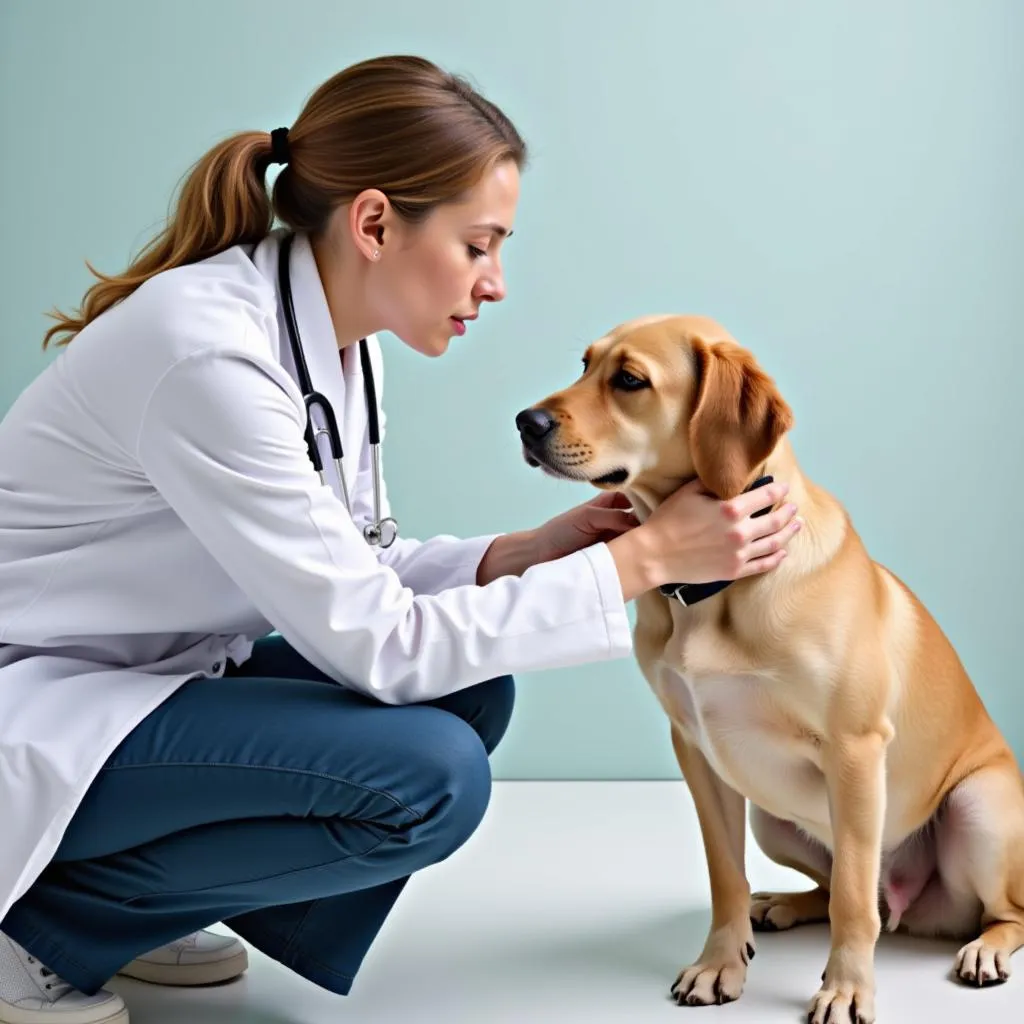 Veterinarian comforting a dog in the examination room