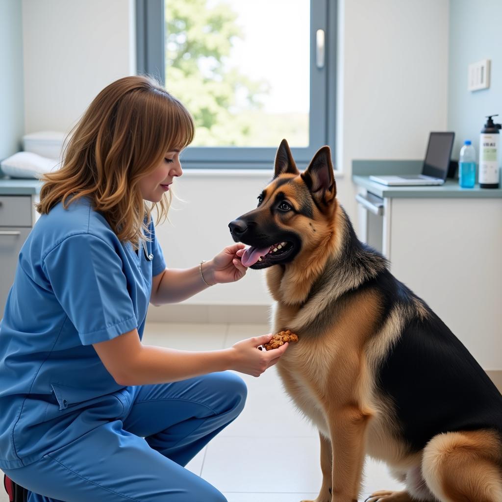 Veterinarian Comforting Anxious Dog in Exam Room