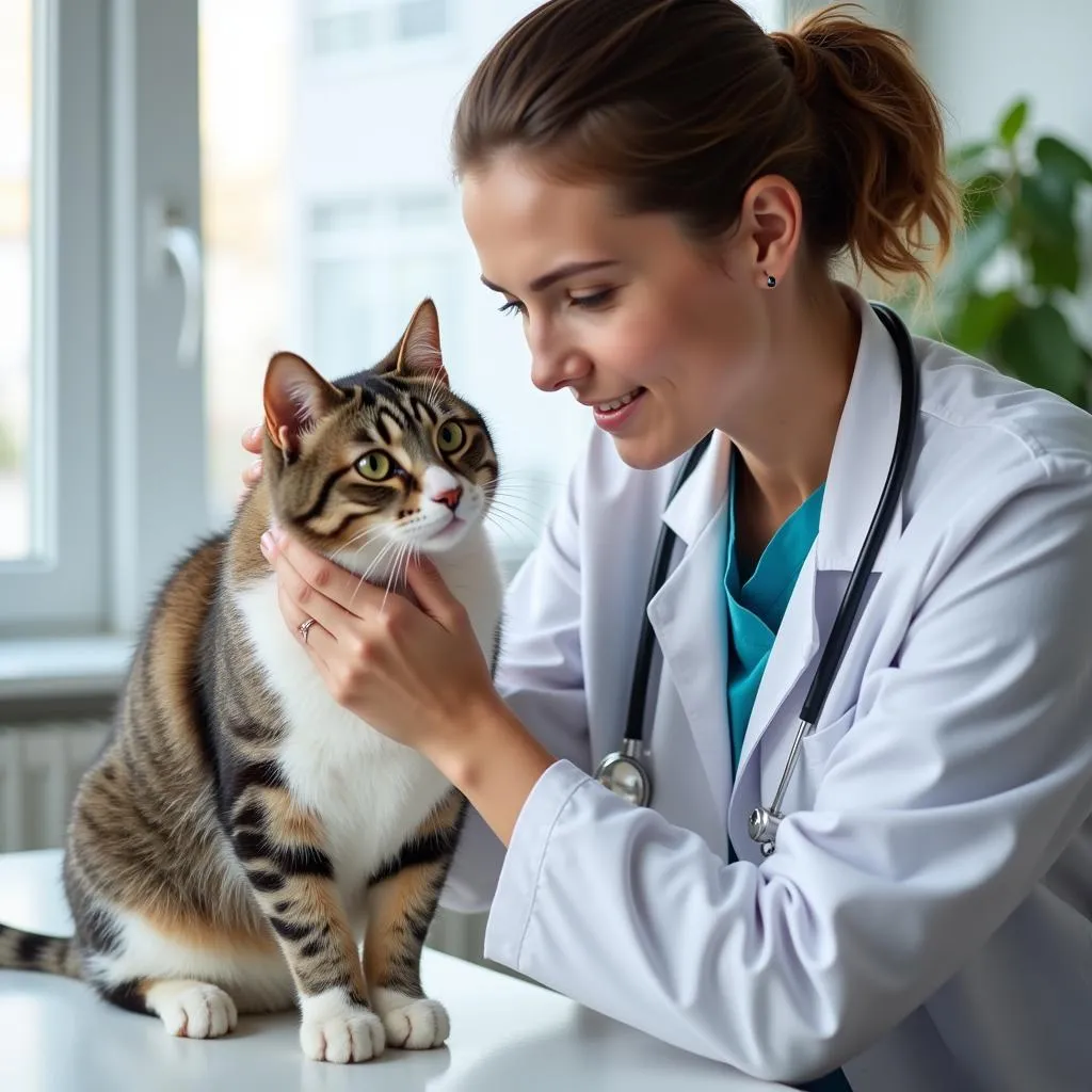 Veterinarian comforting a cat during an examination