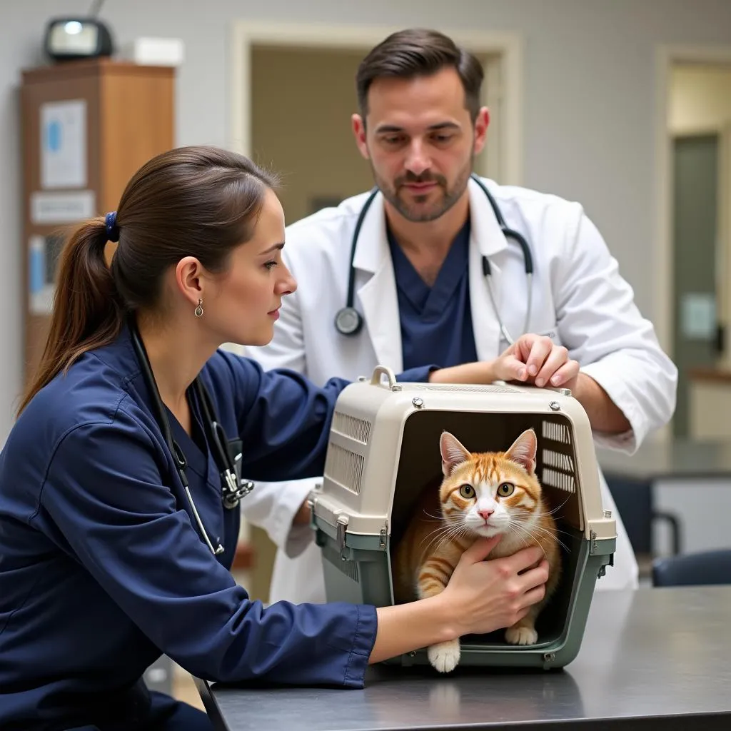 Veterinarian Comforting Cat in Carrier