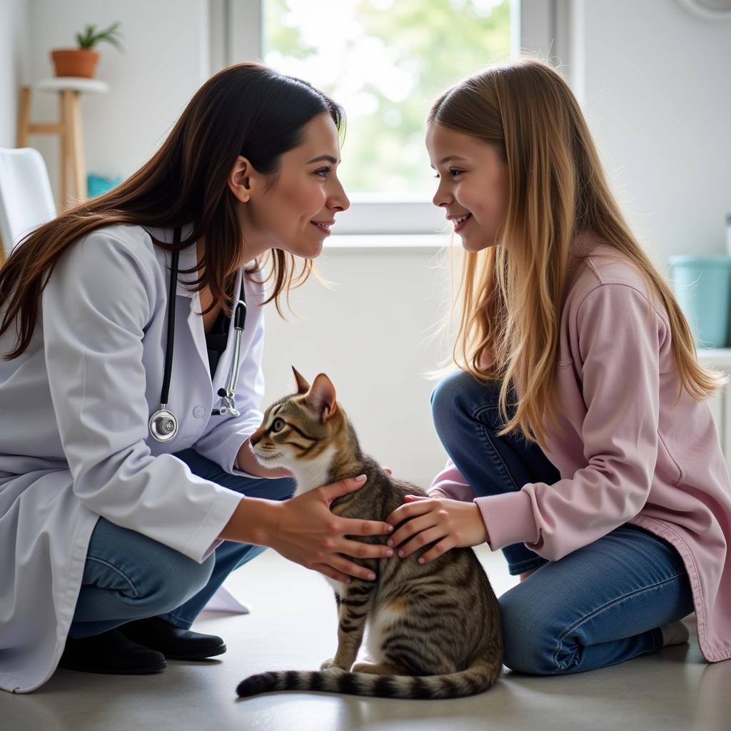 Veterinarian comforting a cat owner in the exam room