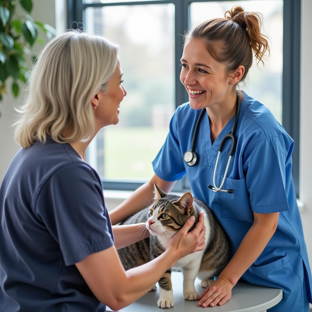 Veterinarian comforting a cat owner