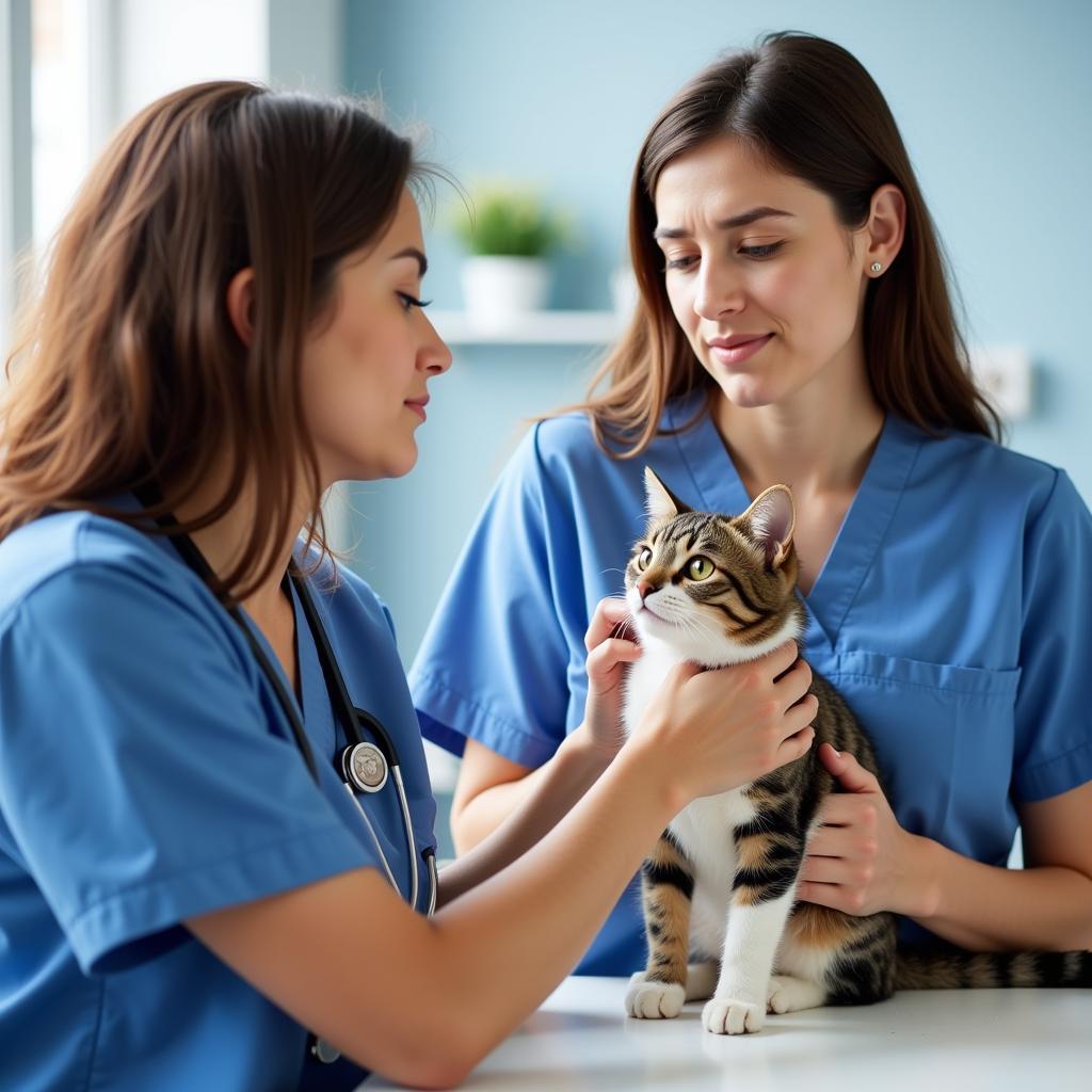 Veterinarian comforting a cat owner in the exam room