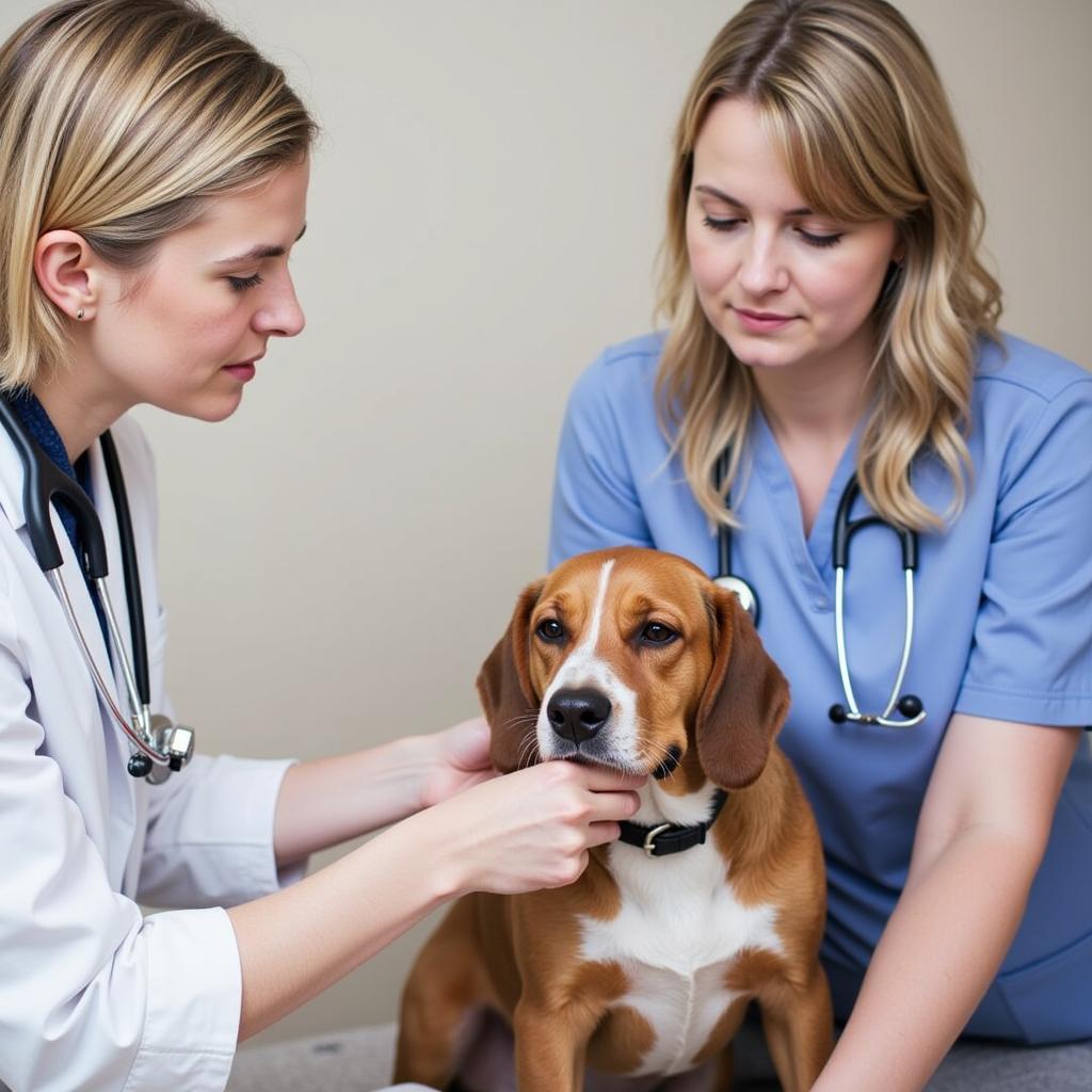 Veterinarian Comforting Anxious Dog