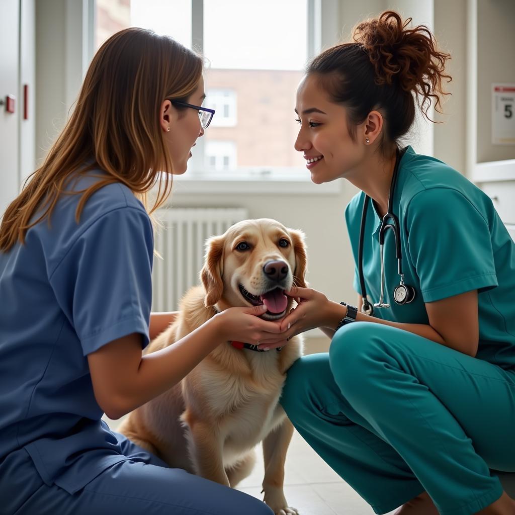 Veterinarian comforting a dog and their owner