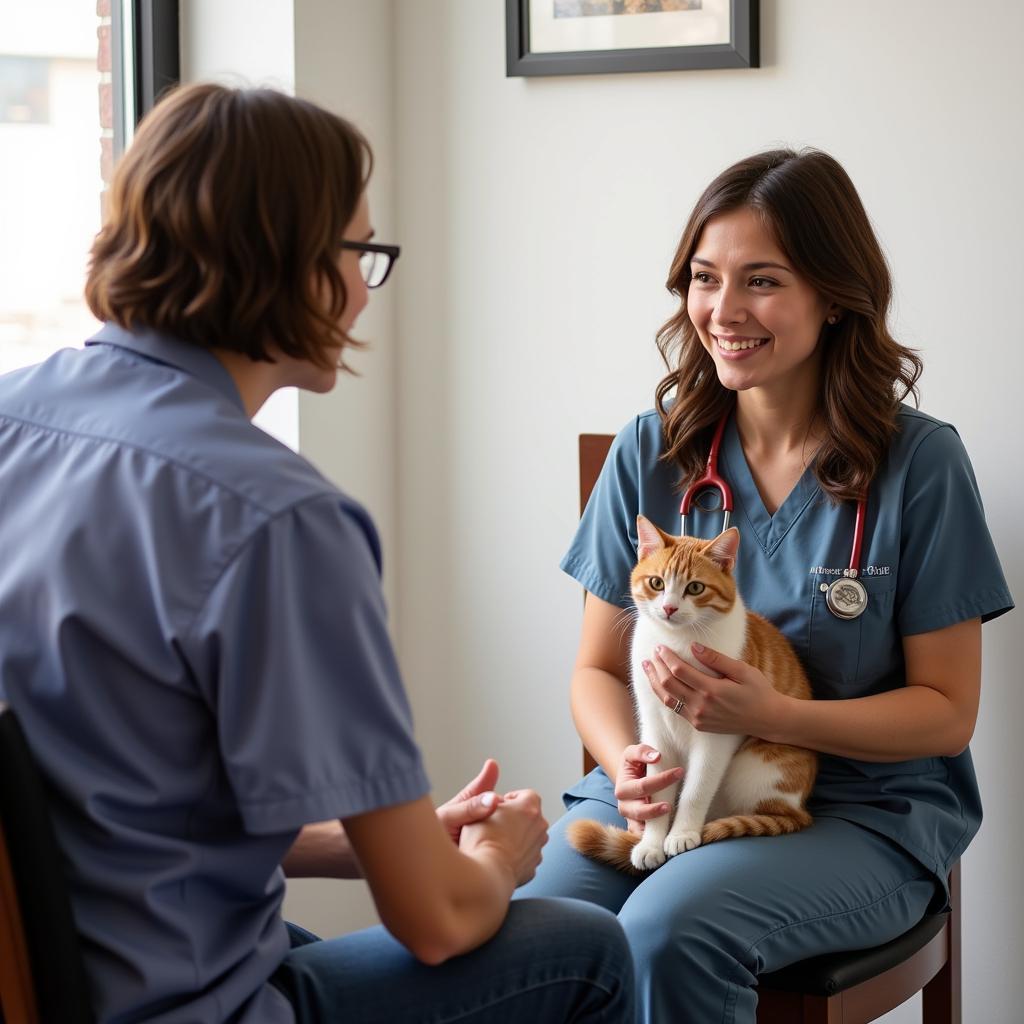 Veterinarian explaining treatment options to a cat owner in Petaluma