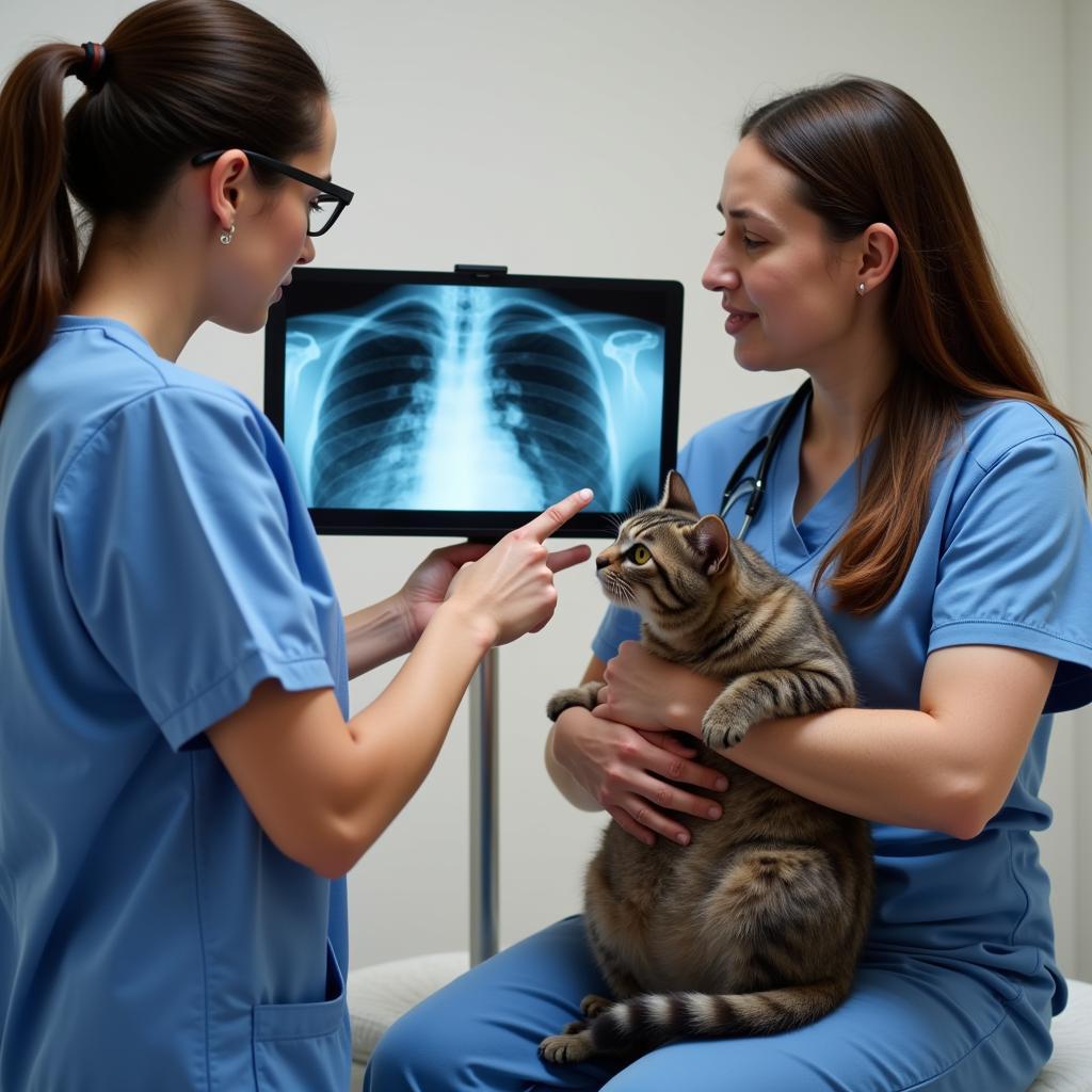 Veterinarian explaining x-ray to a cat owner