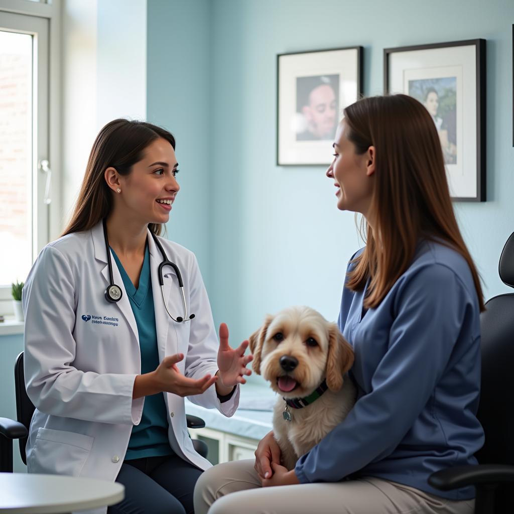 Veterinarian and pet owner having a conversation in an exam room