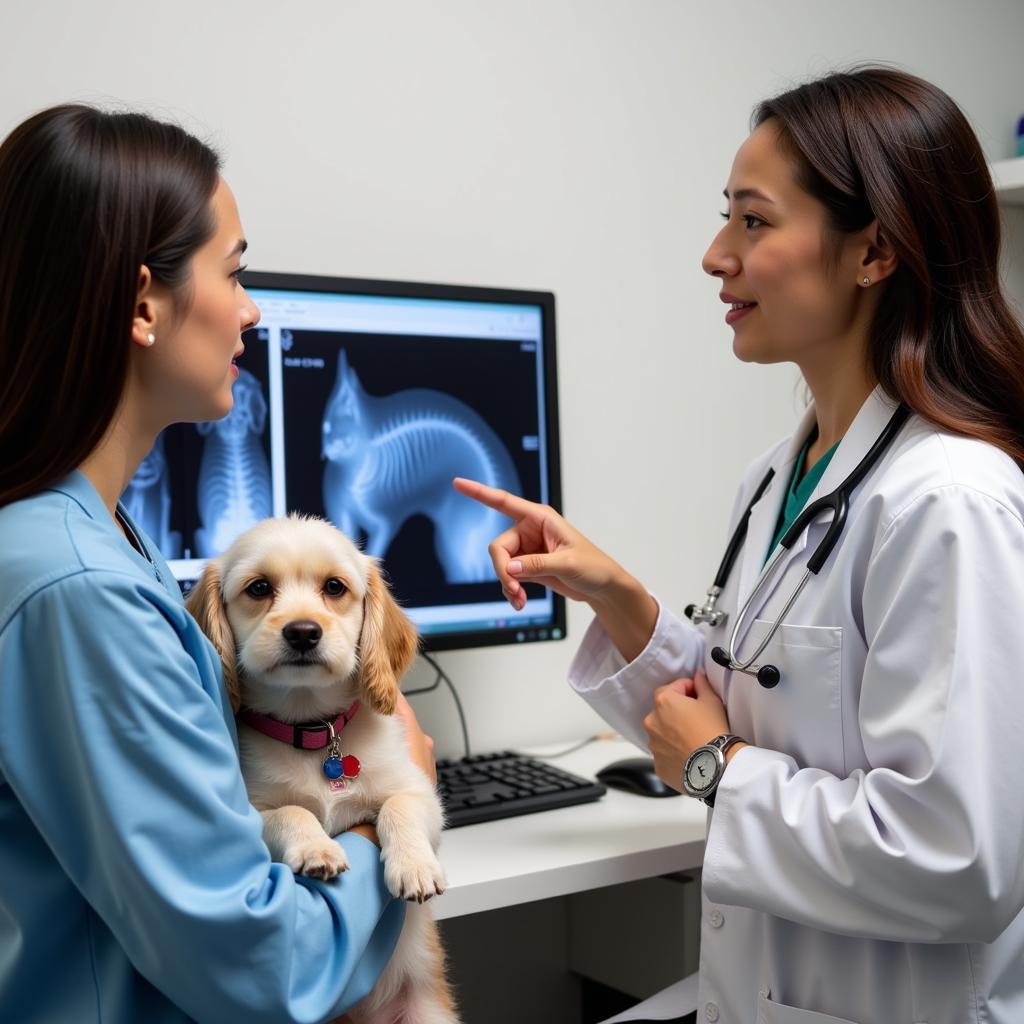 Veterinarian explaining x-ray results to a concerned pet owner near Baybrook Mall