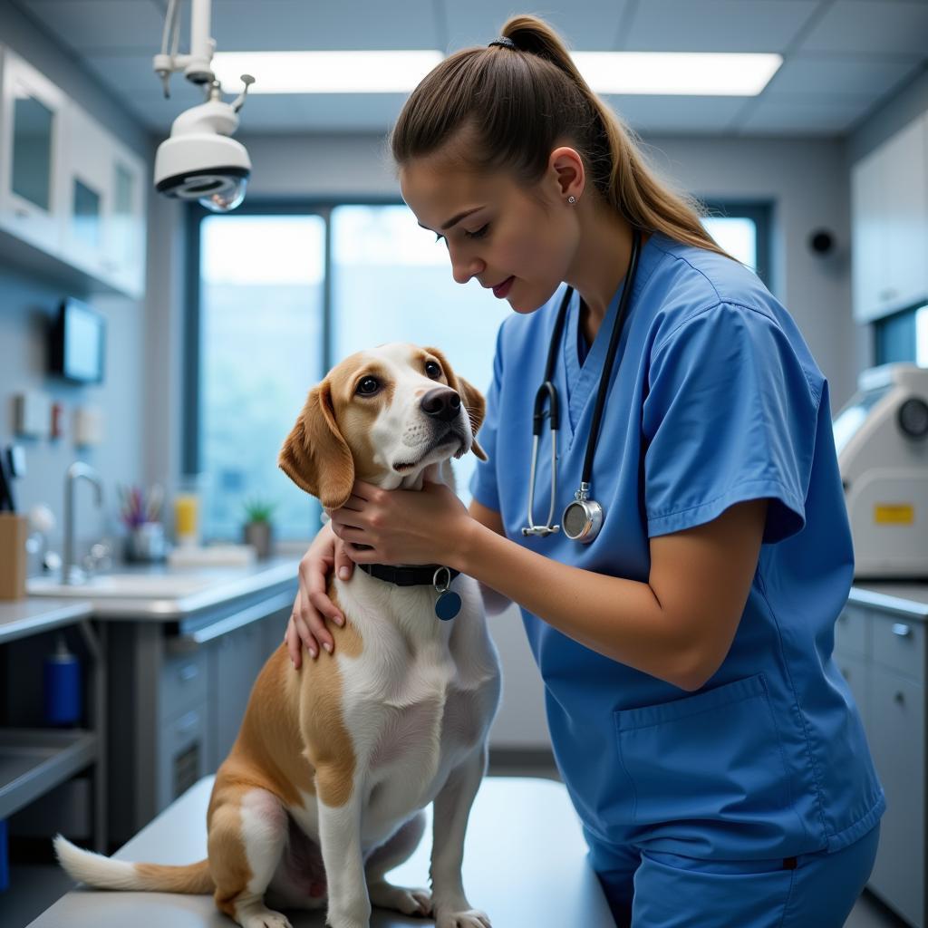 Veterinarian Examining a Dog in Emergency Room: A veterinarian conducts a thorough examination of a dog in a well-equipped emergency room.