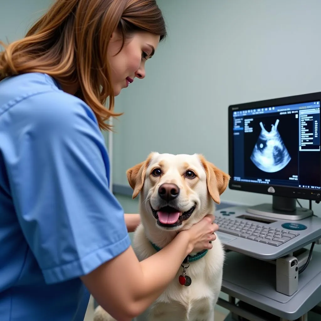 Veterinarian examining a dog with advanced equipment