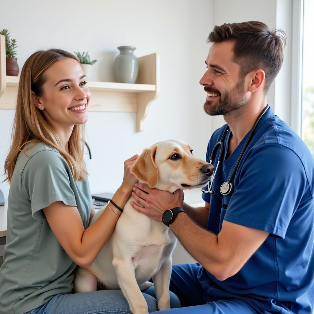 Veterinarian conducting a thorough examination with a dog and its owner