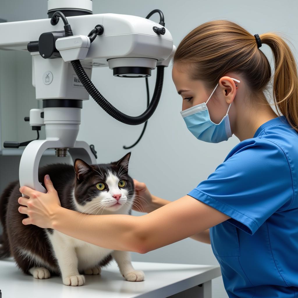 Veterinarian examining a cat