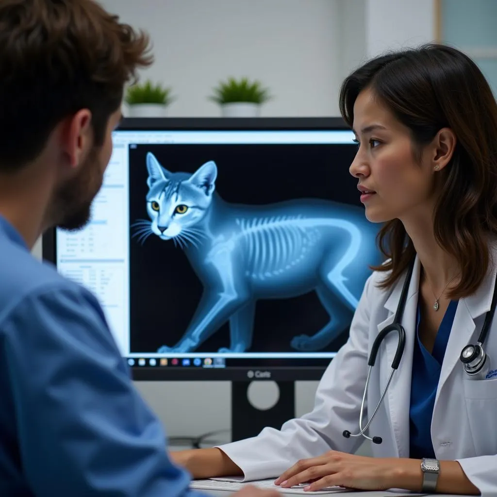 Veterinarian reviewing a digital X-ray of a cat