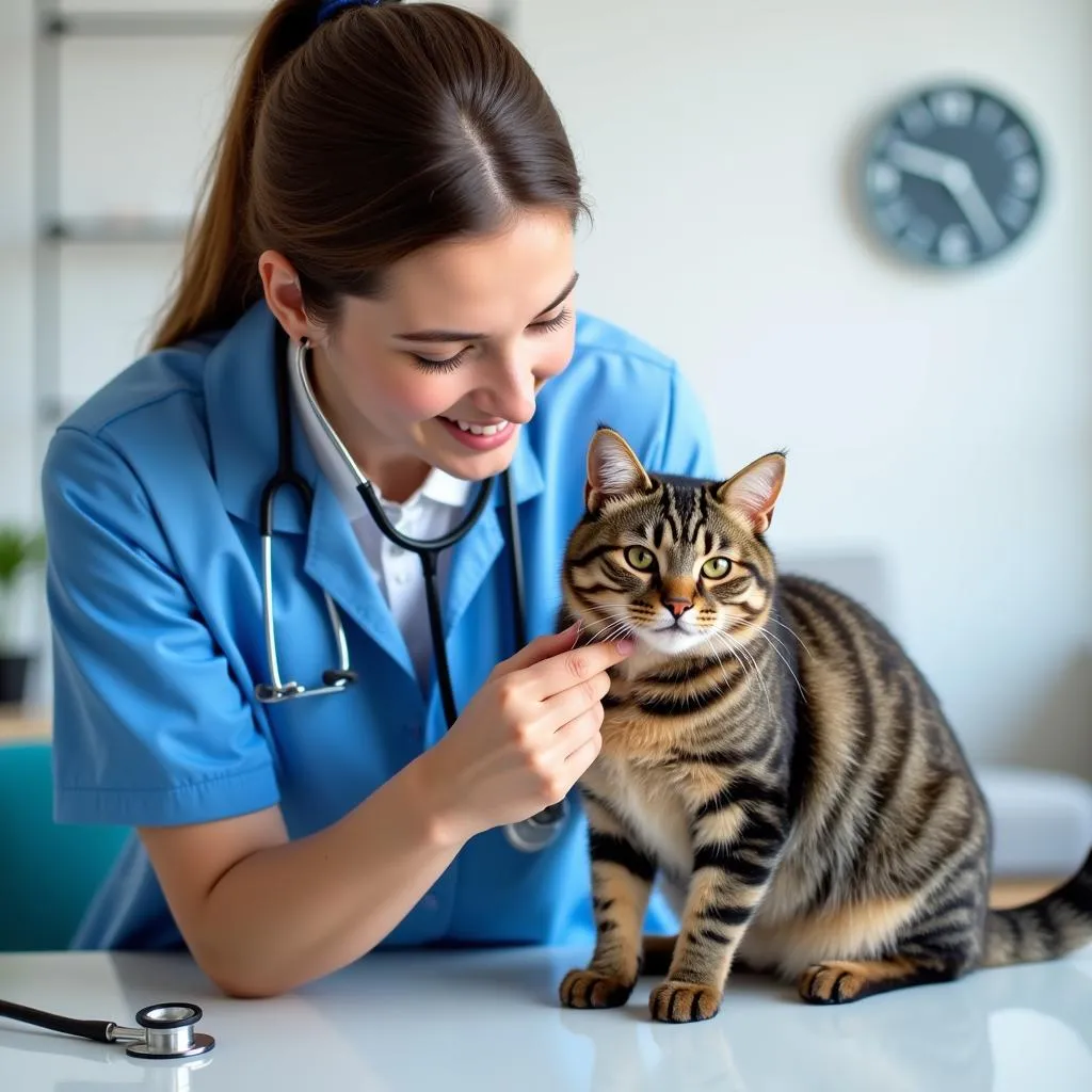 Veterinarian in a blue coat gently examining a tabby cat with a stethoscope