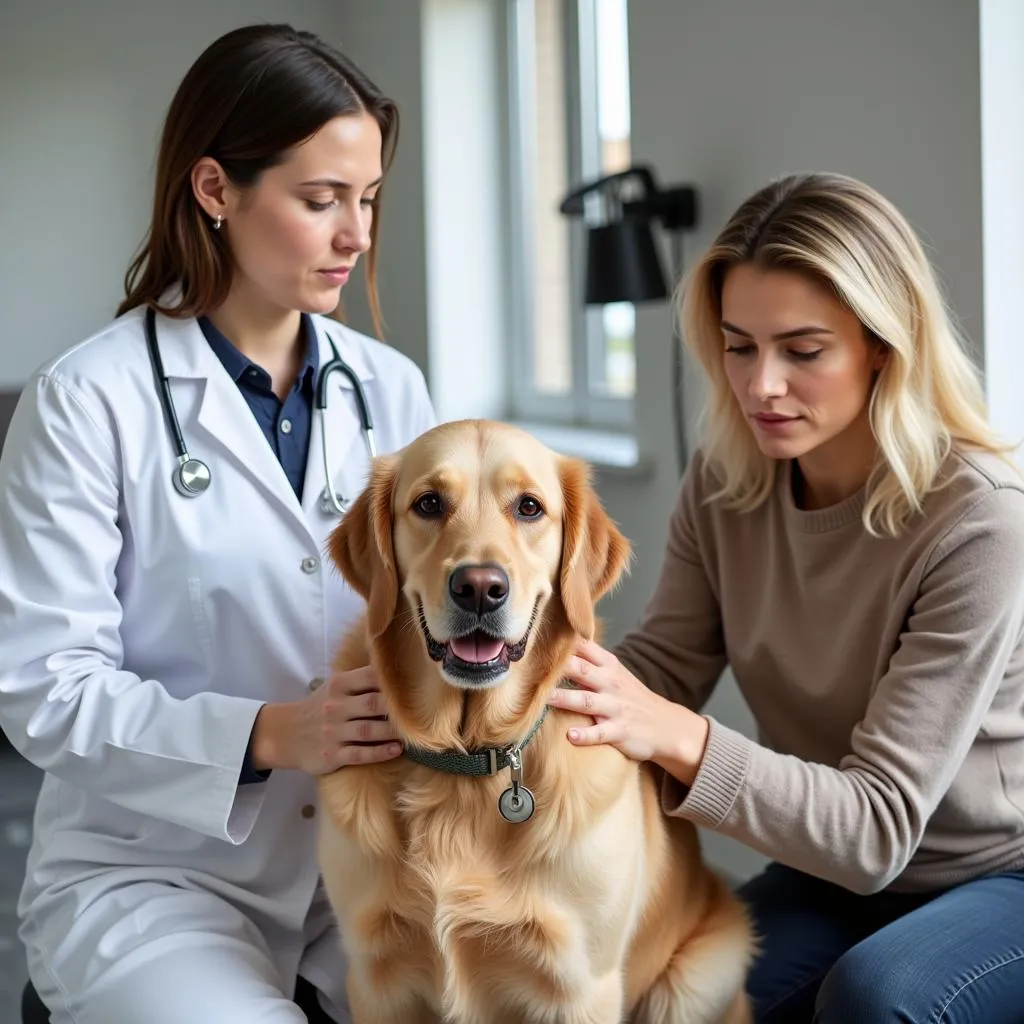 Veterinarian examining a dog with a stethoscope