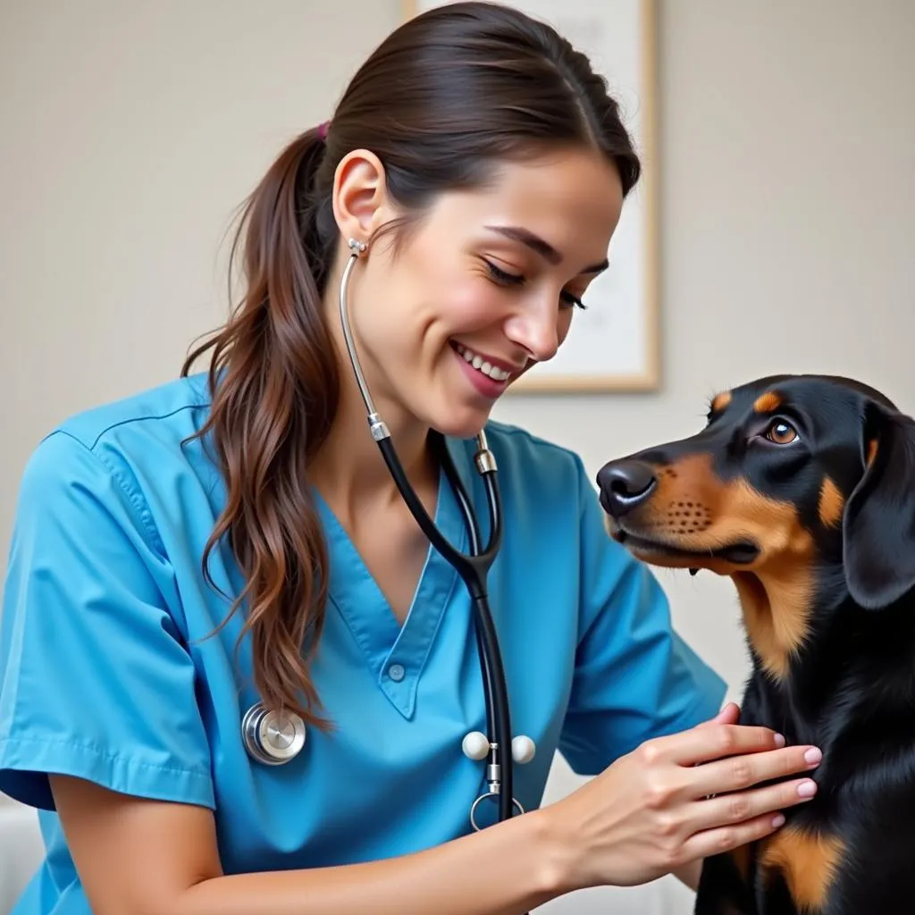 Veterinarian examining a dog with a stethoscope