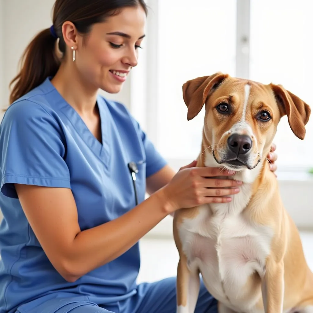 Experienced veterinarian examining a dog during a check-up