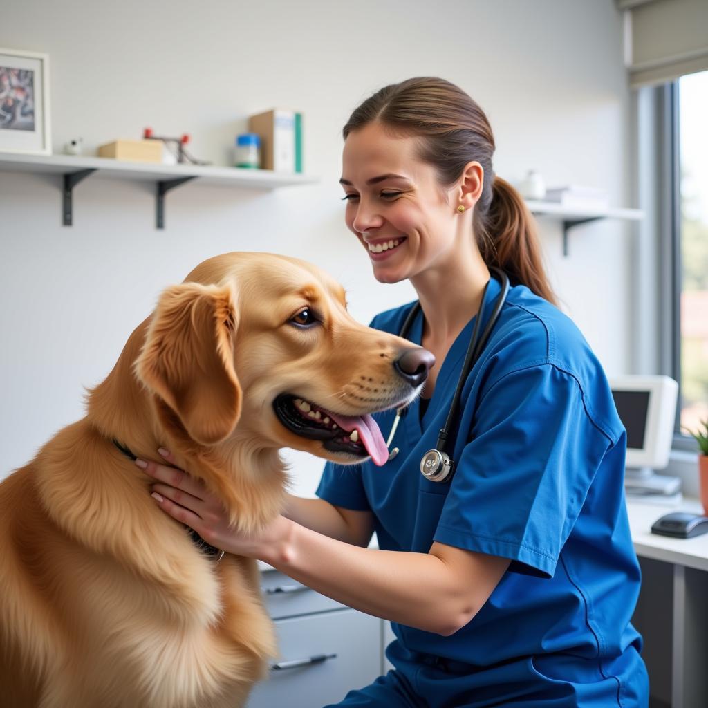 Veterinarian examining a dog in exam room